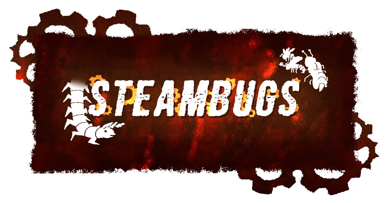 rusted red rectangle with gears rotating around it. inside the square there are silhouettes of wasps and centipedes, yellow rotating gears and text reading steambugs