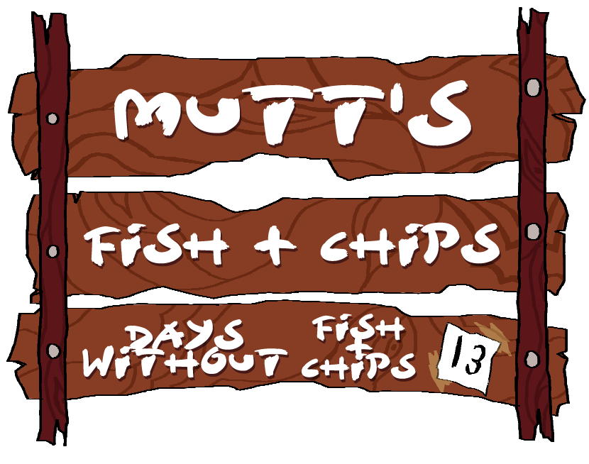 A wooden sign made of three planks of wood, nailed onto two longer ones that connect the three. the top one reads mutts. the middle one reads fish plus chips. the bottom sign reads days without fish plus chips. next to the last set of text is a note taped to the sign with the number 13 on it