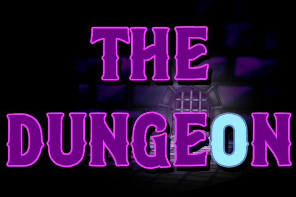 an image reading the dungeon in deep purple text with a pink outline. the o in dungeon is instead pale blue with a darker blue outline. in the background is a purple-tinted screenshot from toontown corporate clash of the dungeon, showing specifically a cell covered by a portcullis with thick stones around the outside. the rest of the scene around the door fades into darkness.