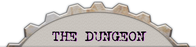 a grey gear covered in rust, cut off halfway down. in the middle of the image it reads the dungeon
